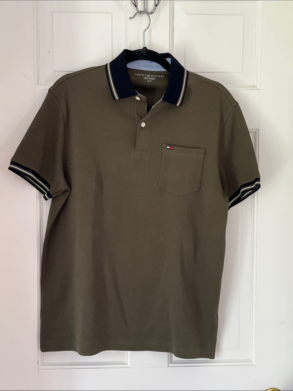 Tommy Hilfiger Men's Olive Green Polo Shirt, Pocket, Navy Trim, Cotton, Sz S